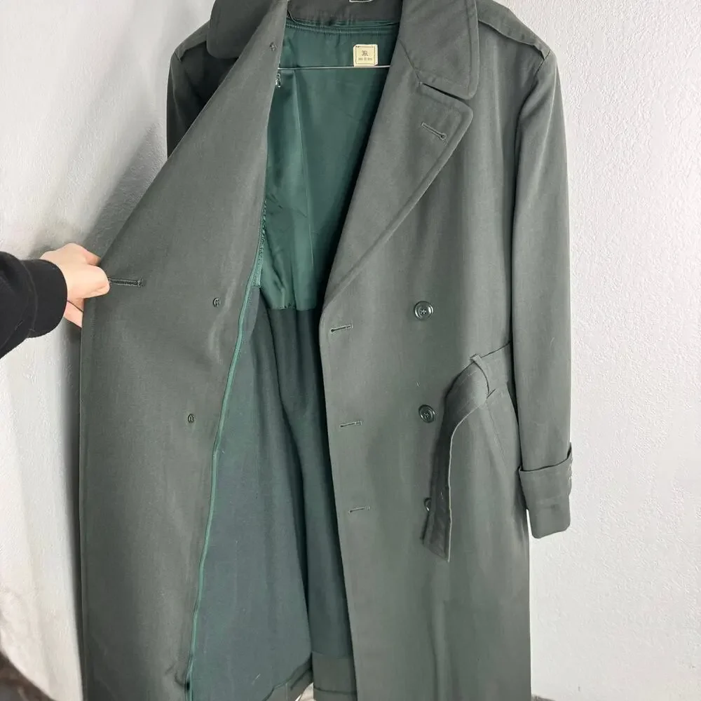Vintage Military Wool Overcoat Gaberdine Belted Trench Removeable Liner 36L